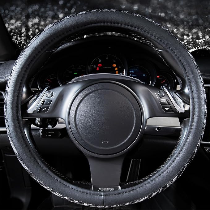 CAR PASS Bling Diamond Leather Steering Wheel Cover, with Bling Sparkly Crystal Glitter Rhinestone Universal Fit 14" 1/2-15" Car Wheel Protector Fit for Women Girl SUV,Vans,Sedans,Trucks, Zebra Print