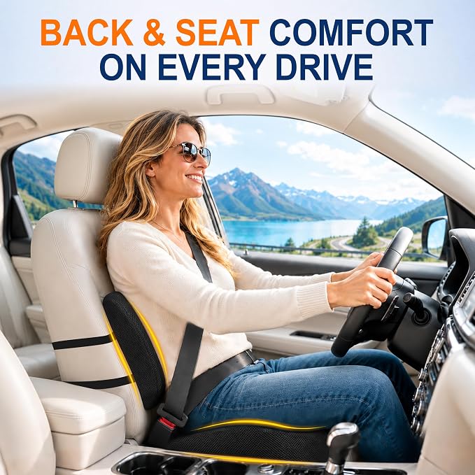 Allaboutsla Seat Cushion & Lumbar Support Pillow Set: Ergonomic Memory Foam Seat Cushion and Back Support for Pain Relief, Butt Cushions and Lumbar Pillow for Car, Office Chair, Gaming - Black
