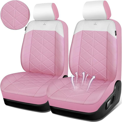 CAR PASS Memory Foam Leather Front Seat Covers, Waterproof Nappa Leather Seat Covers Front Seats Universal Fit for Cars,SUV,Truck Seat Covers Thick 3D Foam Comfortable, Airbag Compatible Pink White