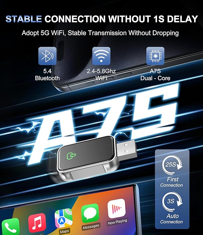 Wireless CarPlay Adapter for Apple iPhone & Android Auto - 2-in-1 Fast & Stable Mini CarPlay Adapter Convert Wired to Wireless, Plug & Play, Auto-Connect, No Delay, BT 5.4, 2.4G/5G WiFi