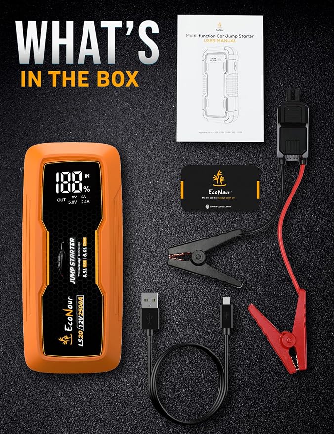 EcoNour 2500A Portable Car Jump Starter – 12V Battery Booster Pack Up to 8.5L Gas & 6L Diesel Engines – Heavy-Duty Jump Box with Smart Jumper Cables, USB Charger, LED Flashlight – for Cars,SUVs,Trucks