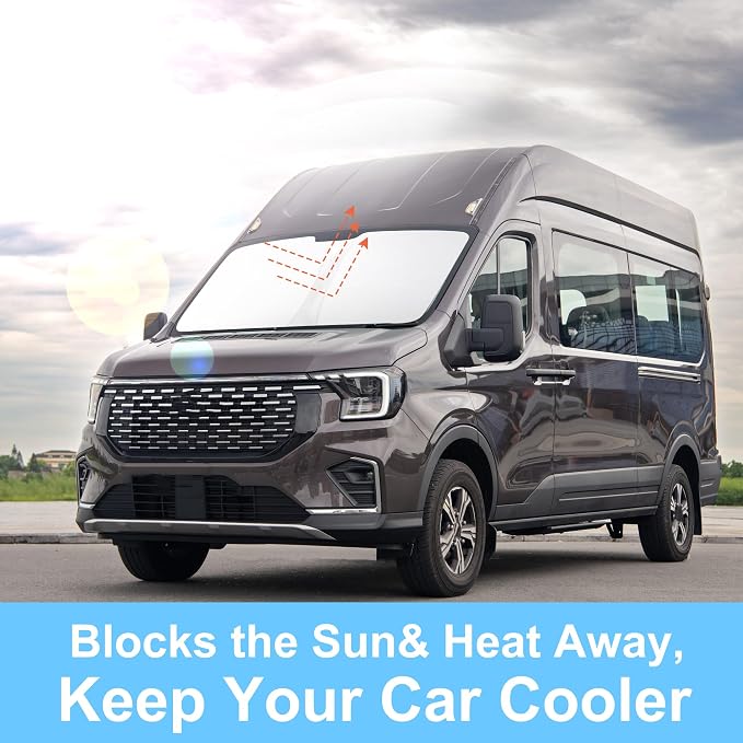 TINGLU Sun Shade for Ford Transit 2015-2024 2025 2026 Accessories Windshield Sun Shade Window Shade UV Rays Protection Sun Visor Cover with Steering Wheel Sunshade Storage Bag