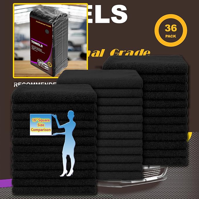 Black Microfiber Cleaning Towels, 36-Pack Dual-Sided Ultra Soft Plush Washcloth, Professional Grade Premium Microfiber Detailing Cleaning Cloths, Car, Household and Commercial (Black, 16" x 16")