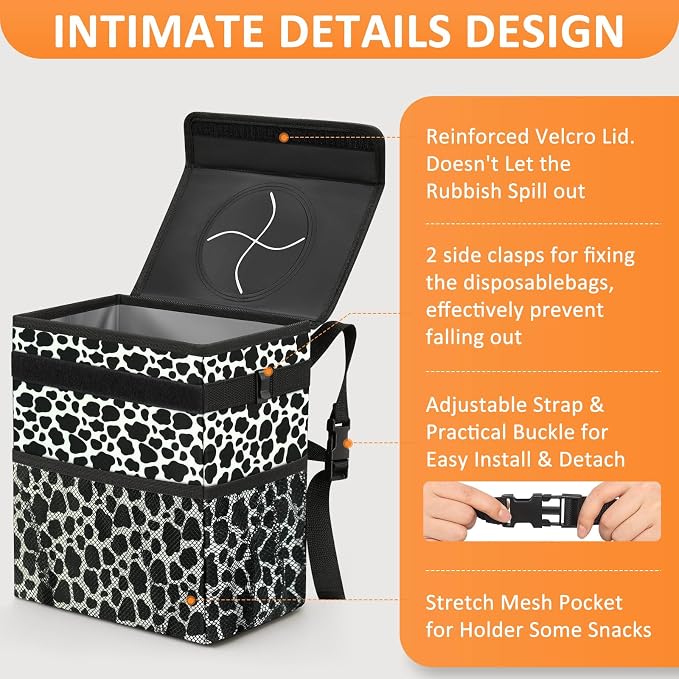 Vankor Car Trash Can for Car Cute,Bag Bin Hanging Waterproof Automotive Garbage Cans Leak Proof Vehicle Trash Can Cow Print
