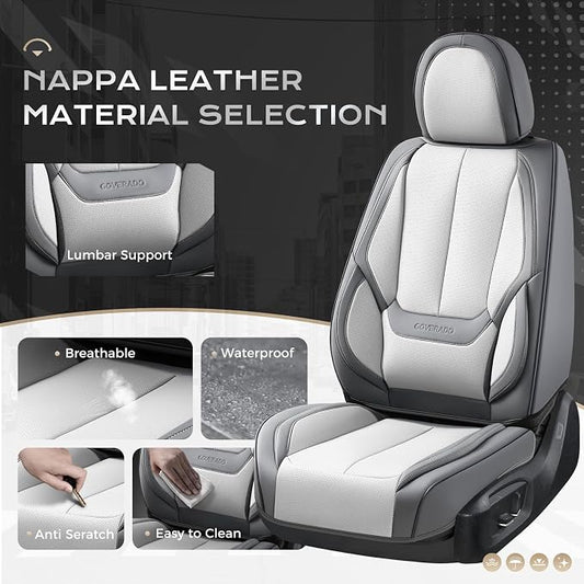 Coverado Seat Covers, Car Seat Covers Front Seats, Leather Seat Covers for Cars, Car Seat Protector Waterproof, Car Seat Cushion, Front Carseat Cover Universal Fit for Most Cars Gray-White