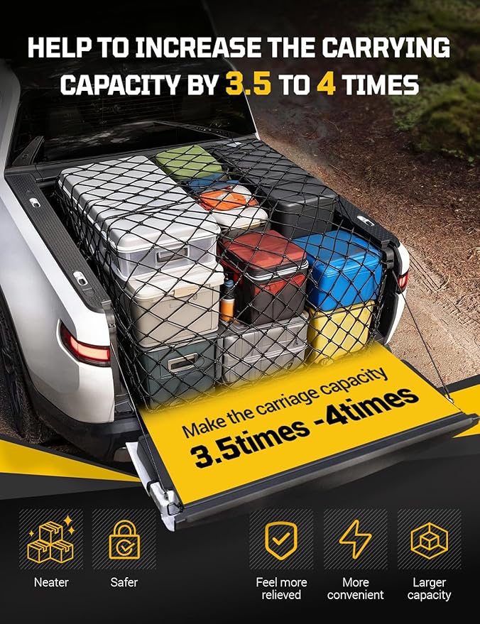 AUTOWN Cargo Net for Pickup Truck Bed - Stretchable 5' x 7' to 10' x 14' with 4" x 4" Mesh, Heavy Duty 10mm Cord Bungee Bed Netting with 12 Metal Carabiners - Ideal for ATV, SUV, UTV and Truck