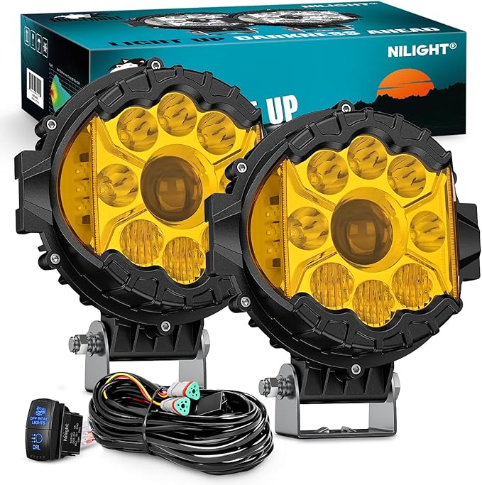Nilight 7 Inch LED Offroad Driving Lights High Low Beam 2 PCS 80W Round Amber Light Side Shooter Spot Flood Fog Light Pod w/ 16 AWG DT Connector Wiring Harness Kit for Jeep Truck ATV UTV SUV