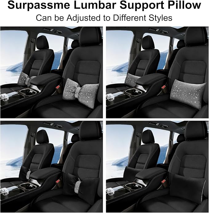 surpassme Rhinestone Lumbar Support Pillow for Car, Bling Back Support Pillow/Cushion Car Accessories for Women(White)
