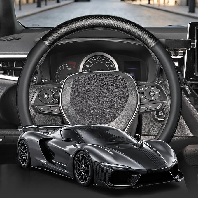 SEG Direct Car Steering Wheel Cover Standard Medium Size 14 1/2-15 inch, Non-Folding Packaging, Heavy Duty, Non-Slip, Black Microfiber Leather with Carbon Fiber Pattern