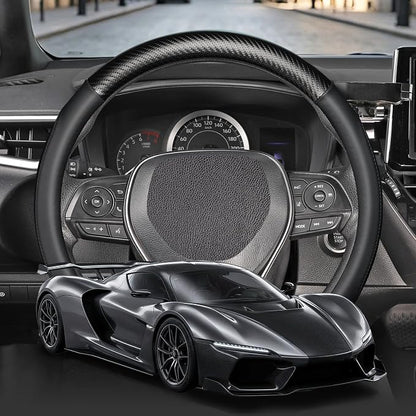SEG Direct Car Steering Wheel Cover Standard Medium Size 14 1/2-15 inch, Non-Folding Packaging, Heavy Duty, Non-Slip, Black Microfiber Leather with Carbon Fiber Pattern