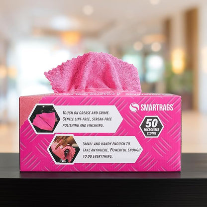 Arkwright Smart Rags Microfiber Cleaning Cloths, Pack of 50 in a Box, Lint Free 180 GSM Reusable Towels for Auto, Office and Household Cleaning, 12 x 12 in, Pink