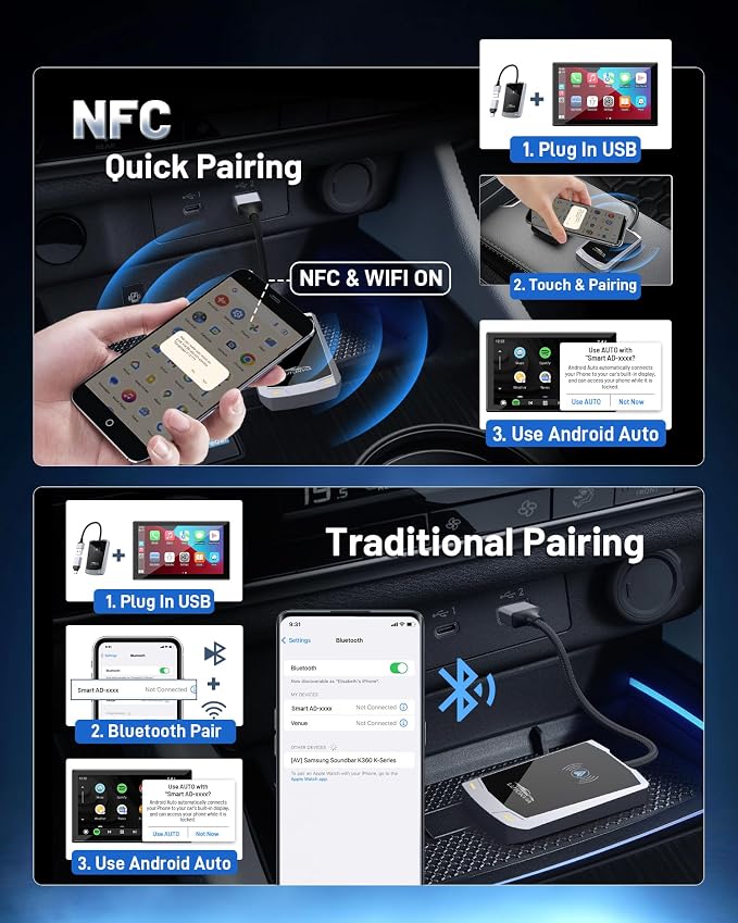 Android Auto Wireless Adapter - Tap & Go NFC Magic! Auto-Connect in 3 Secs, Zero Lag, Works in Any Car 2017+ (Type-C Adapter Party Included!)