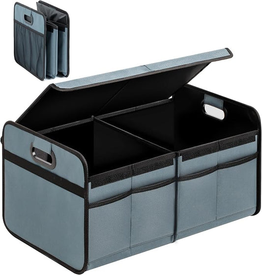 YSSOA Car Trunk Organizer with Lid, Collapsible 2 Compartment Automotive Storage Box, 600D Waterproof Oxford Polyester 50L Travel Accessories, Anti-slip & Leak-proof, Grey-Green