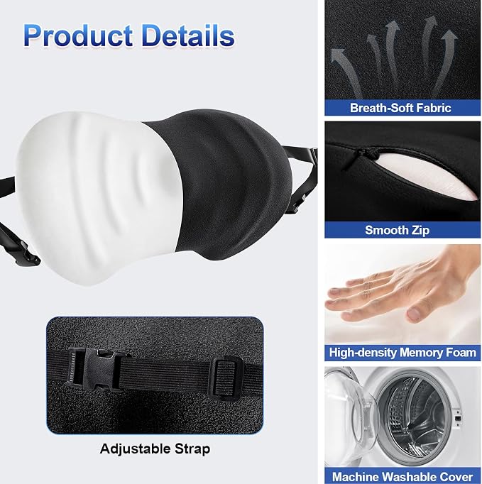 Lumbar Support Pillow, Ergonomic Back Cushion for Office Chair with Adjustable Straps & Detachable Breathable Cover,Memory Foam Car Lumbar Pillow, Back Support Pillow for Car, Office,Bed Rest,A-Black