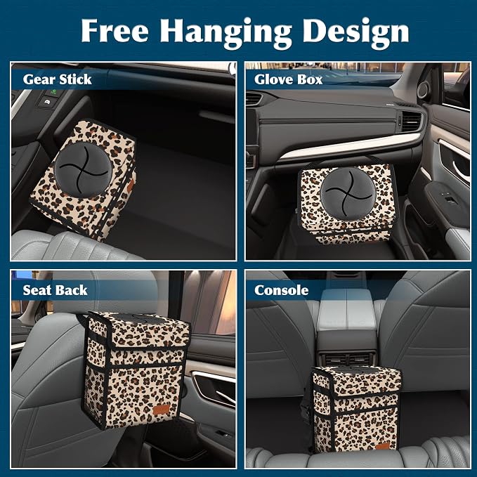 Car Trash Can with Lid Leak Proof Garbage Waterproof Bag for SUV Front Seat Multipurpose Hanging Headrest Collapsible and Portable Storage Mesh Pocket, Leopard Print