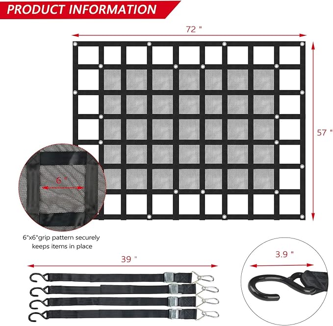 Surmountway Heavy Duty Cargo Net with Mesh (72" x 57"), 1100LBS Capacity, Adjustable Cam Buckles & S-Hooks for Trucks & Trailers
