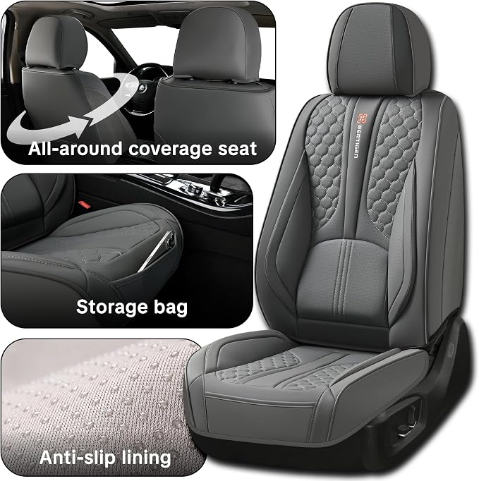 Car Seat Cover Set Interior Accessories, Gray, Waterproof Leather, With Lumbar Support, Airbag Compatible, Non-slip, 5-Piece Complete Set, Pet-Friendly Car Seat Covers, Fits Most Vehicle Models