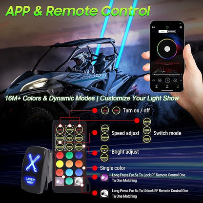 2PCS Upgraded Whipless LED Laser Whip Lights for Side-by-Side/UTV/ATV/Trucks, Ultra-Bright Focused Beam, RGBW Off-Road Lights with APP/Remote/Rocker Switch, IP68 Waterproof 12V DC