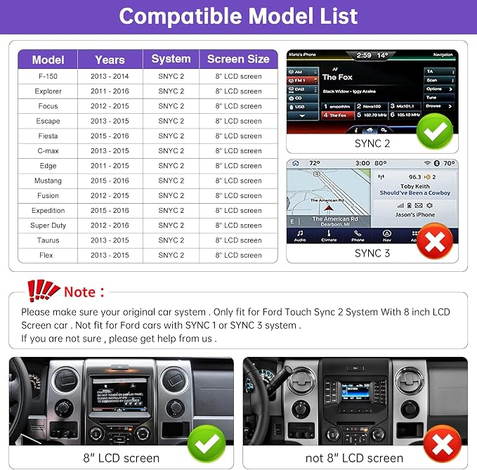 Wireless CarPlay Retrofit Kit Decoder, Compatible with Ford (2013–2015) SYNC 2 System, Supports Android Auto, Mirror Link & Reverse Camera, USB