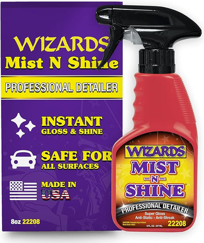 Wizards Mist-N-Shine Professional Car Detailing Spray - Quick Detailer Spray for Cars, Show-Car Gloss, Streak-Free Finish on Paint, Chrome, Glass and Plastic Trim, Wax-Free Formula - 8 oz
