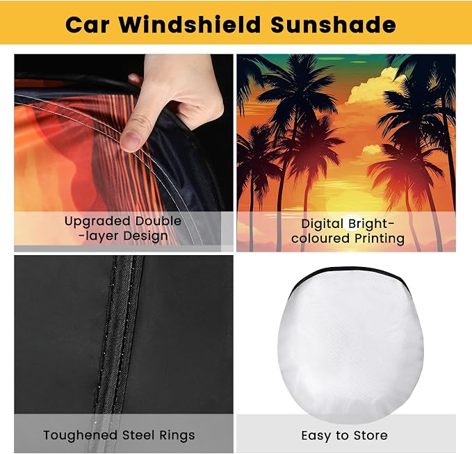 Windshield Sun Shade, Car Sun Shade Windshield, Reflector Sunshade Offers Ultimate Protection for Car Interior, Reflective Polyester Blocks Heat for Sedans, Mini SUVs, Hatchbacks - 57 x 31.5 inches