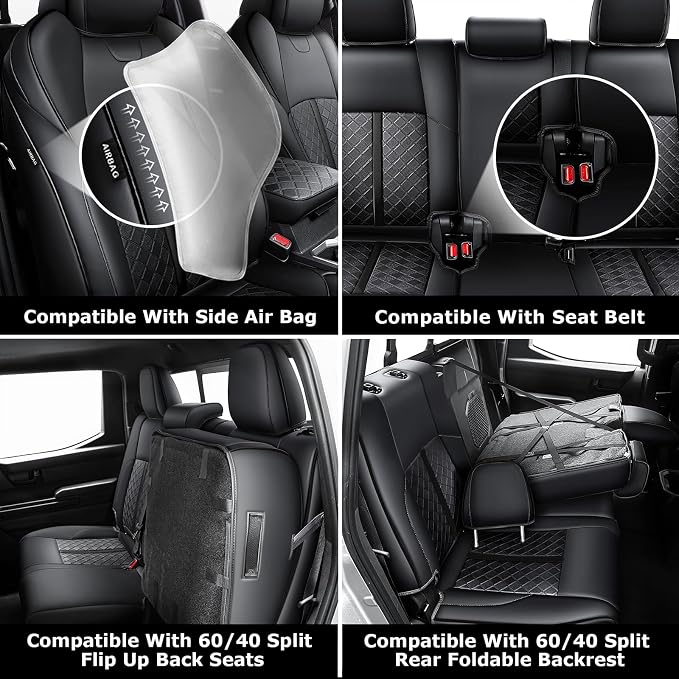 Carlimeki Leather Seat Covers Custom Fit for Tacoma Gen 4th (2024-2026) Double Cab, for SR, SR5, TRD PreRunner, TRD Sport, TRD Off-Road, Limited, Trailhunter - Armrest Covers Included - Fully Covered