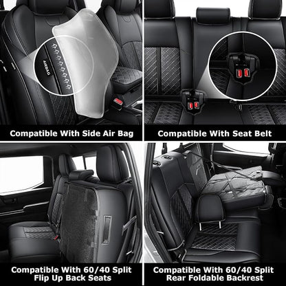 Carlimeki Leather Seat Covers Custom Fit for Tacoma Gen 4th (2024-2026) Double Cab, for SR, SR5, TRD PreRunner, TRD Sport, TRD Off-Road, Limited, Trailhunter - Armrest Covers Included - Fully Covered