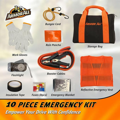 Armor All 10pc Roadside Emergency Kit - Storage Bag, Booster Cable (8ft 10GA), Blanket,Rain Poncho,Gloves, Insulation Tape Roll, Flashlight, Bungee Cord (2ft),Car Fuses (8pcs) & Reflective Safety Vest