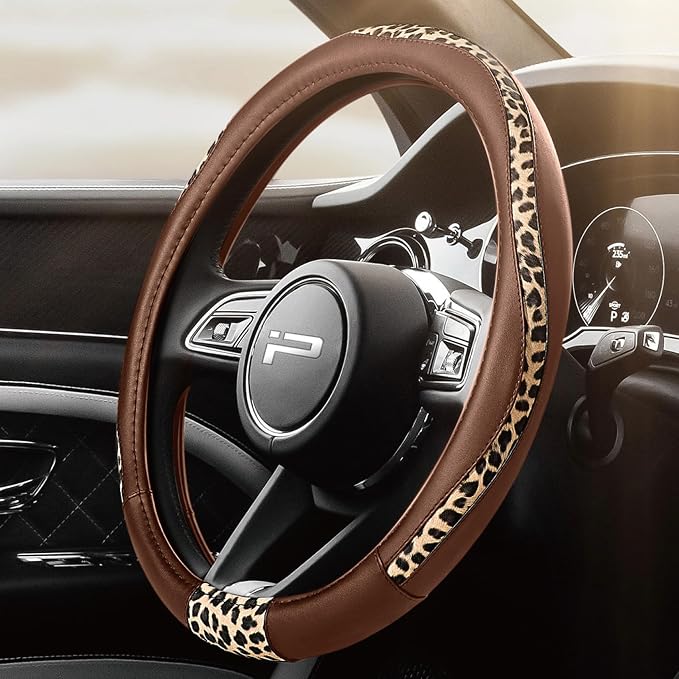 Road Comforts Steering Wheel Cover - Made with PVC Leather and Leopard Fabric - Universal 14 1/2 inches to 15 inches for Most Automotive Steering Wheel - Cheetah Print - Brown