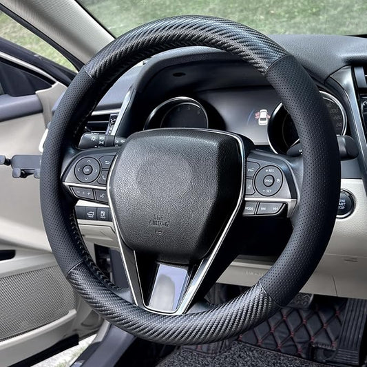 Steering Wheel Cover Standard Size 14.5-15 inch, Non-Slip Car Wheel Cover Protector, Non-Folding Packaging, Microfiber Leather, Black with Carbon Fiber