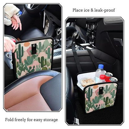 Car Trash Can Organizer Bin with Adjustable Strap for Back Front Seat Console Waterproof Leakproof Collapsible Portable 11 Inch Boho Cacti Mountains and Sun