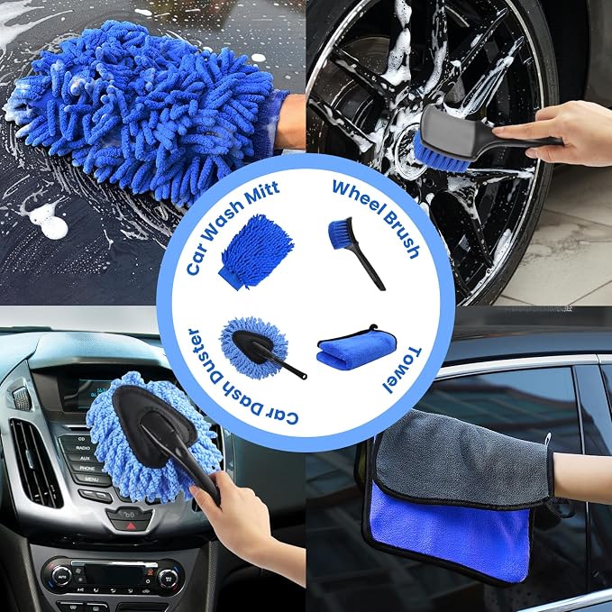 17Pcs Car Wash Kit with Bucket, Car Cleaning Kit with 62" Long Handle Car Wash Brush Mop, Mitt Duster Wheel Brush Detailing Brushes Towel, Car Washing Supplies for Cars RV Truck Exterior and Interior