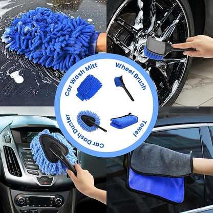 17Pcs Car Wash Kit with Bucket, Car Cleaning Kit with 62" Long Handle Car Wash Brush Mop, Mitt Duster Wheel Brush Detailing Brushes Towel, Car Washing Supplies for Cars RV Truck Exterior and Interior