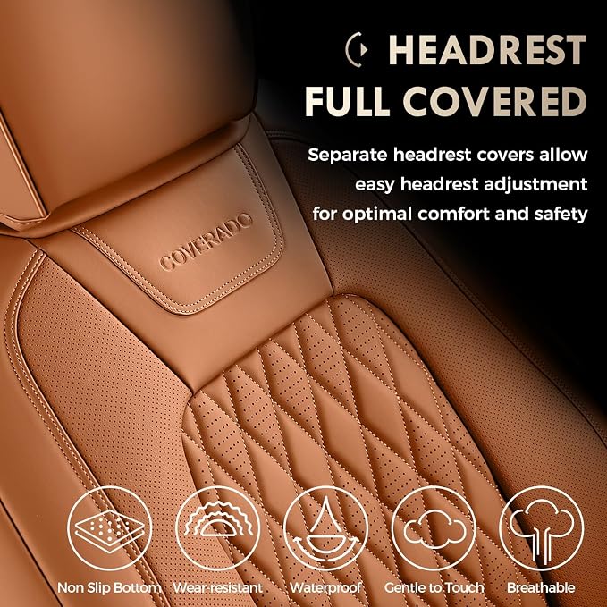 Coverado Premium Leather Front Seat Covers Waterproof Heavy-Duty Protectors Custom Fit for Ford F150 (2015-2026) F250/F350/F450 (2017-2026)-Orange, Stain-Resistant