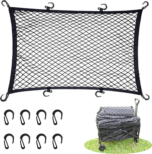 Cargo Net for Utility Folding Wagon, Beach Cart,Trolley Cart, Wagon net Cover,Garden Cart Cover Net - Elastic Heavy Duty Nylon Net with 8 Hooks (35.5"×23.6" to 71"×47")(8)