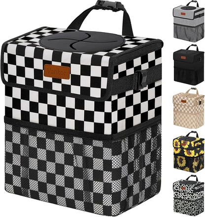 Vankor Car Trash Can Bin with Lid Hanging for Back Seat, Car Accessories for Women Men Leak Proof Automotive Garbage Cans Leakproof Vehicle Trash Can for Truck SUV,Black White Checkered