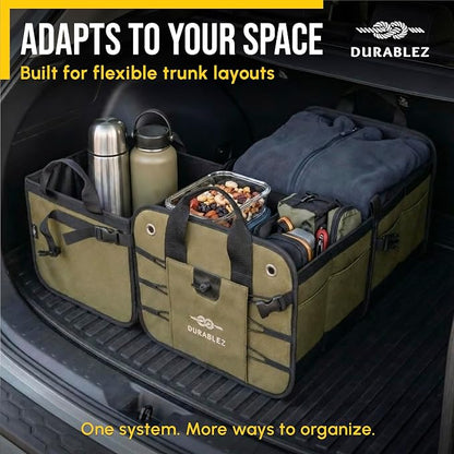 Heavy Duty 3-Section Trunk Organizer – Extra Large Collapsible & Foldable Cargo Box, Modular Car Storage System for SUV, Truck, Van – Green