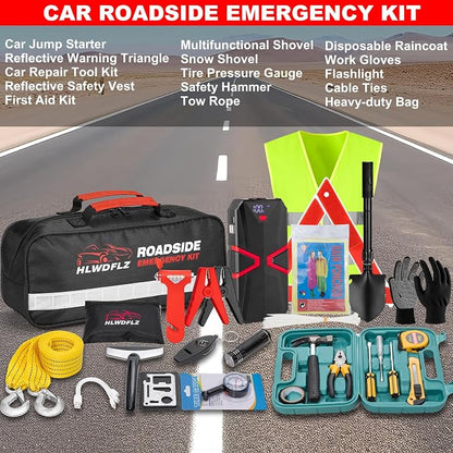 Car Emergency Kit with 2000A Car Battery Jump Starter- Car Roadside Emergency Kit, First Aid Kit, Tow Rope, Emergency Car Kit, Roadside Safety Tool Kit for Women, Men