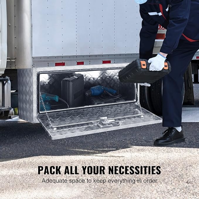 VEVOR Underbody Truck Box, 36"×14"×16" Pickup Storage Box, Heavy Duty Aluminum Diamond Plate Tool Box with Lock and Keys, Waterproof Trailer Storage Box with T-Handle Latch for Truck, Van, Trailer