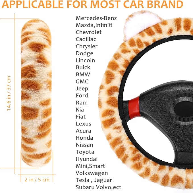 Accmor Fuzzy Leopard Print Car Steering Wheel Cover Women Car Accessories | Soft Furry, Non-Slip, Elastic Steering Wheel Covers, Universal 15 Inch Fit Auto, Suvs, Truck