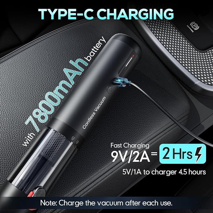 Cordless Car Vacuum, 21KPa Portable Handheld Car Vacuum Cleaner | Pre-filter & HEPA Filter System, 7800mAh Battery, Mini Vacuum with Multi Nozzles for Car, Home, Office, Pet Hair Cleaning