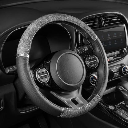 BDK Chrome Wood Grain Black & Gray Steering Wheel Cover for Cars, Trucks, Van, SUVs - Elegant and Comfortable Grip Accessories