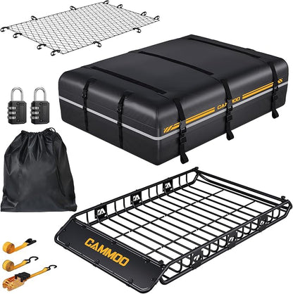 CAMMOO 64"x39" Roof Rack Basket, Removable Fairing & Support Bars for Kayaks/Long Gear, 20 Cu.Ft Waterproof Soft Bag+Lock+Net+Strap–200Lbs Capacity Car Roof Cargo Carrier for SUV Truck Camping