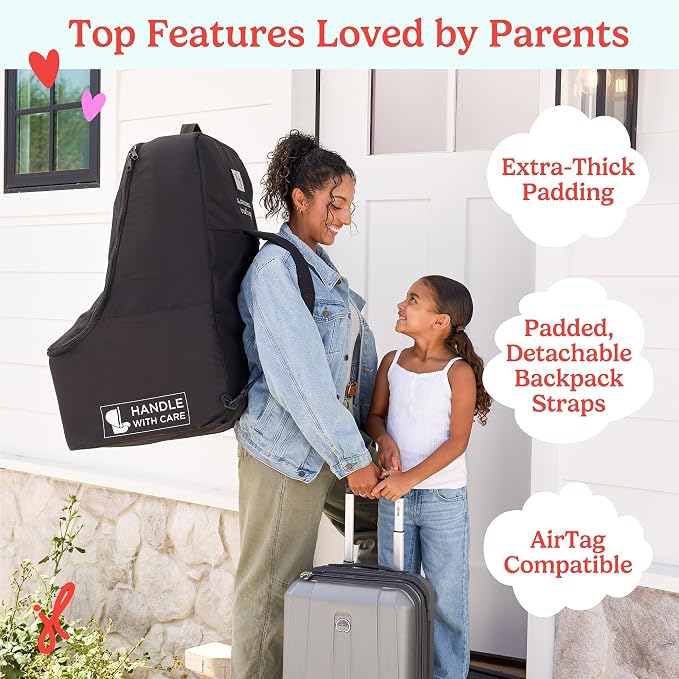 J.L. Childress Padded Backpack Car Seat Bag - Car Seat Travel Bag for Airplane, Fits Most Baby & Infant Carriers & Bootsters, Accessories for Gate or Baggage Check, AirTag Compatible - Deluxe, Black