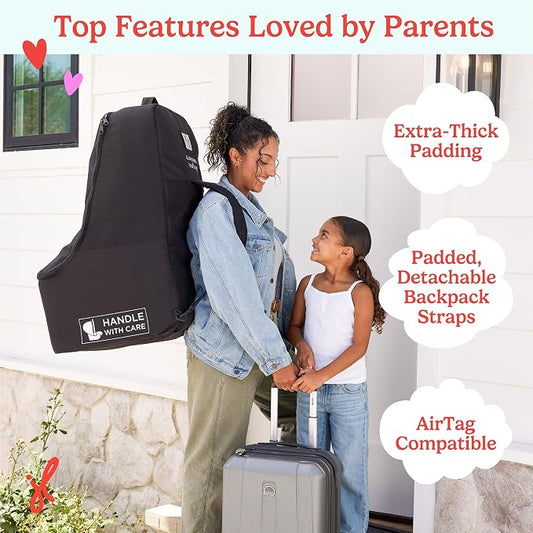 J.L. Childress Padded Backpack Car Seat Bag - Car Seat Travel Bag for Airplane, Fits Most Baby & Infant Carriers & Bootsters, Accessories for Gate or Baggage Check, AirTag Compatible - Deluxe, Black