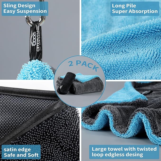 Crystal Clean 1300GSM Microfiber Towels for Cars – XL Drying Towel with Double Twisted Loop, Professional Detailing Towel Car Detailers - Quick Dry, Paint Safe & Swirl-Free (Grey+Blue)