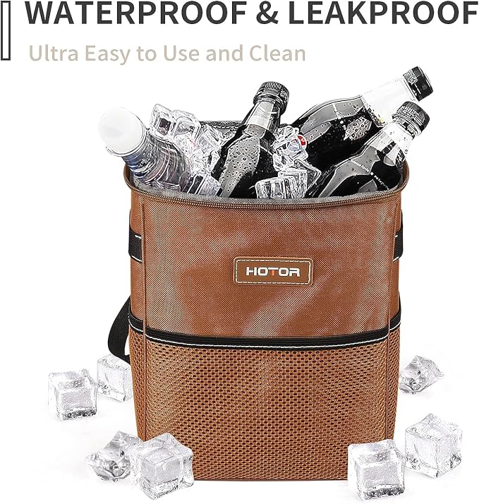 HOTOR Brown Car Trash Can with Adjustable Strap, Magnetic Snaps, Waterproof Lining, and Storage Pocket