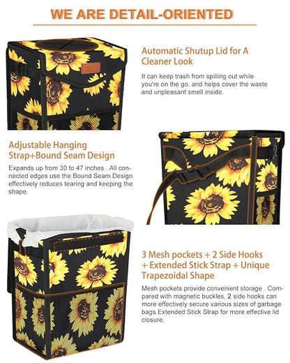 Pritent Car Trash Can with Lid, Cute Leakproof Car Trash Garbage Bag Hanging Vehicle Trash Bin Small Portable Automotive Garbage Cans Organizer for Back/Front Seat(Trapezoid,Black Sunflower