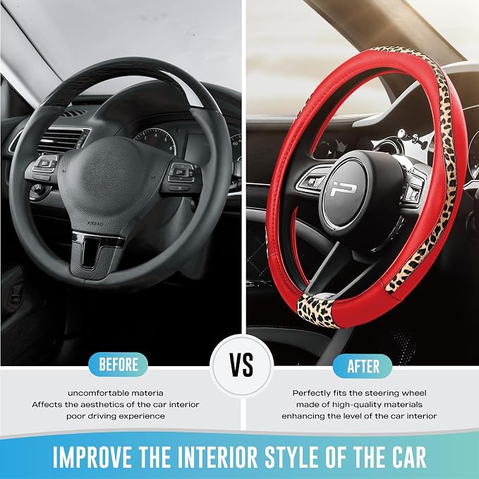Road Comforts Steering Wheel Cover - Made with PVC Leather and Leopard Fabric - Universal 14 1/2 inches to 15 inches for Most Automotive Steering Wheel - Cheetah Print -Red