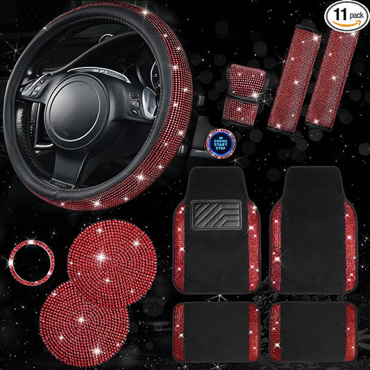 CAR PASS 11 PCS Bling Diamond Car Mats Set for Women Girls, Sparkly Rhinestone Steering Wheel Cover, Waterproof Floor Mats Universal Fit for SUV,Vans,Sedans,Trucks Anti-Slip, Interior Sets Black Red